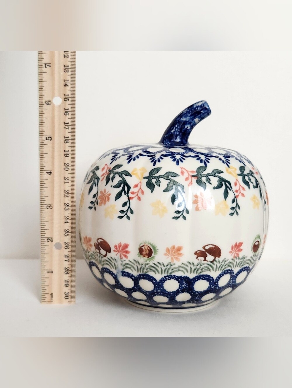 Polish Pottery Autumn Leaves & Mushrooms Fall Pumpkin - 6" tall - Picture 2 of 5